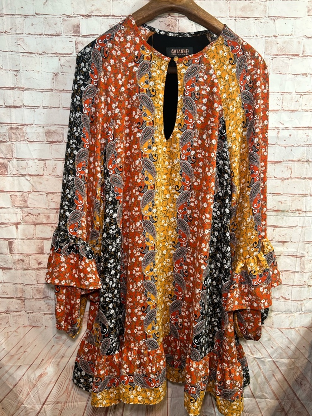 Shyanne Paisley Ruffle Patchwork Boho Mini Dress - Rust Mustard Black Size Large - Picture 2 of 5